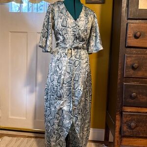 Blue Snake Maxi Wrap Dress with Tie Belt Size 4 Small